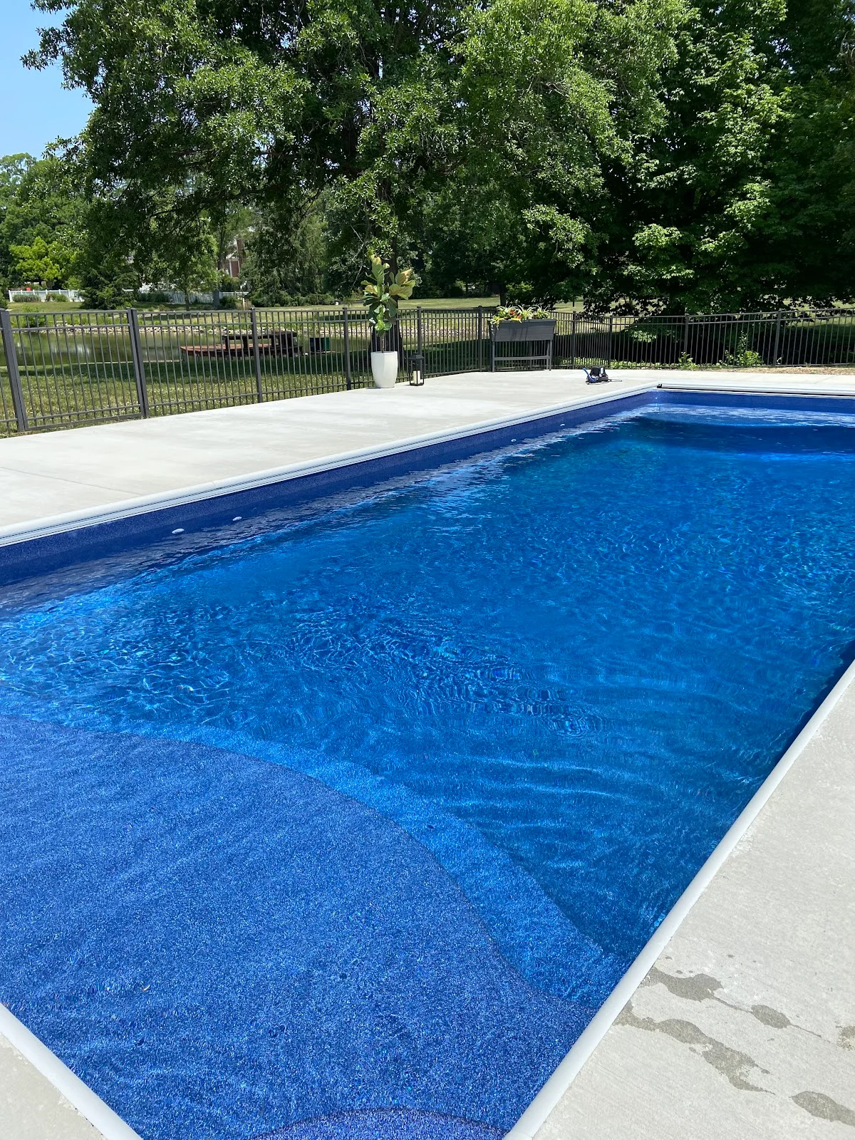 Rectangular inground pool with concrete deck backing onto open water